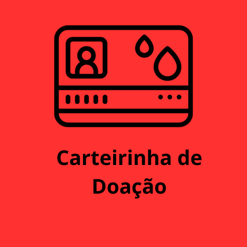 Uma imagem com um fundo vermelho, com um desenho de uma carteirinha de doação de sangue, e a escrita carteirinha de doação